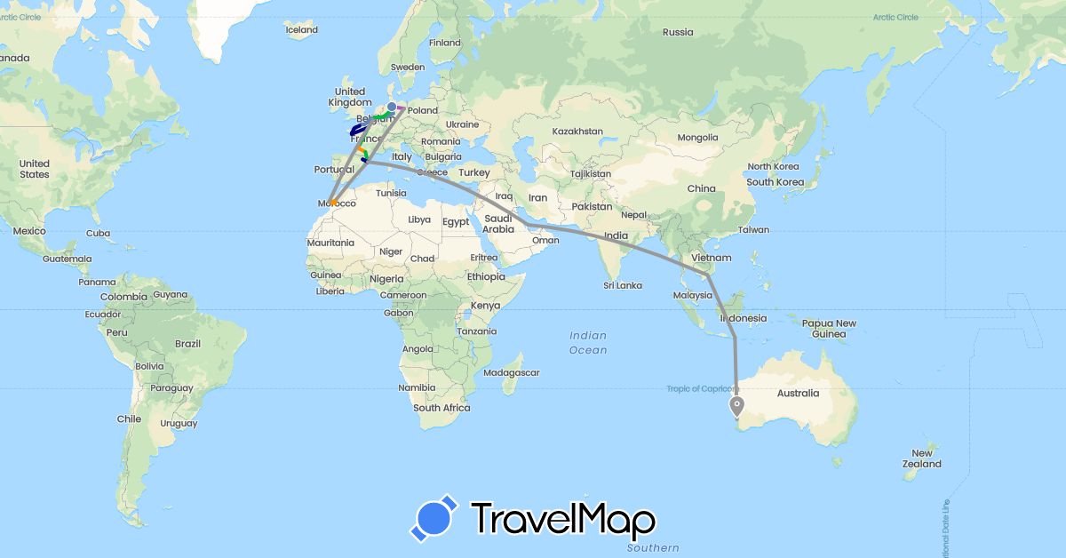 TravelMap itinerary: driving, bus, plane, cycling, train, hiking, hitchhiking in Australia, Belgium, Germany, Spain, France, Indonesia, Morocco, Qatar, Vietnam (Africa, Asia, Europe, Oceania)
